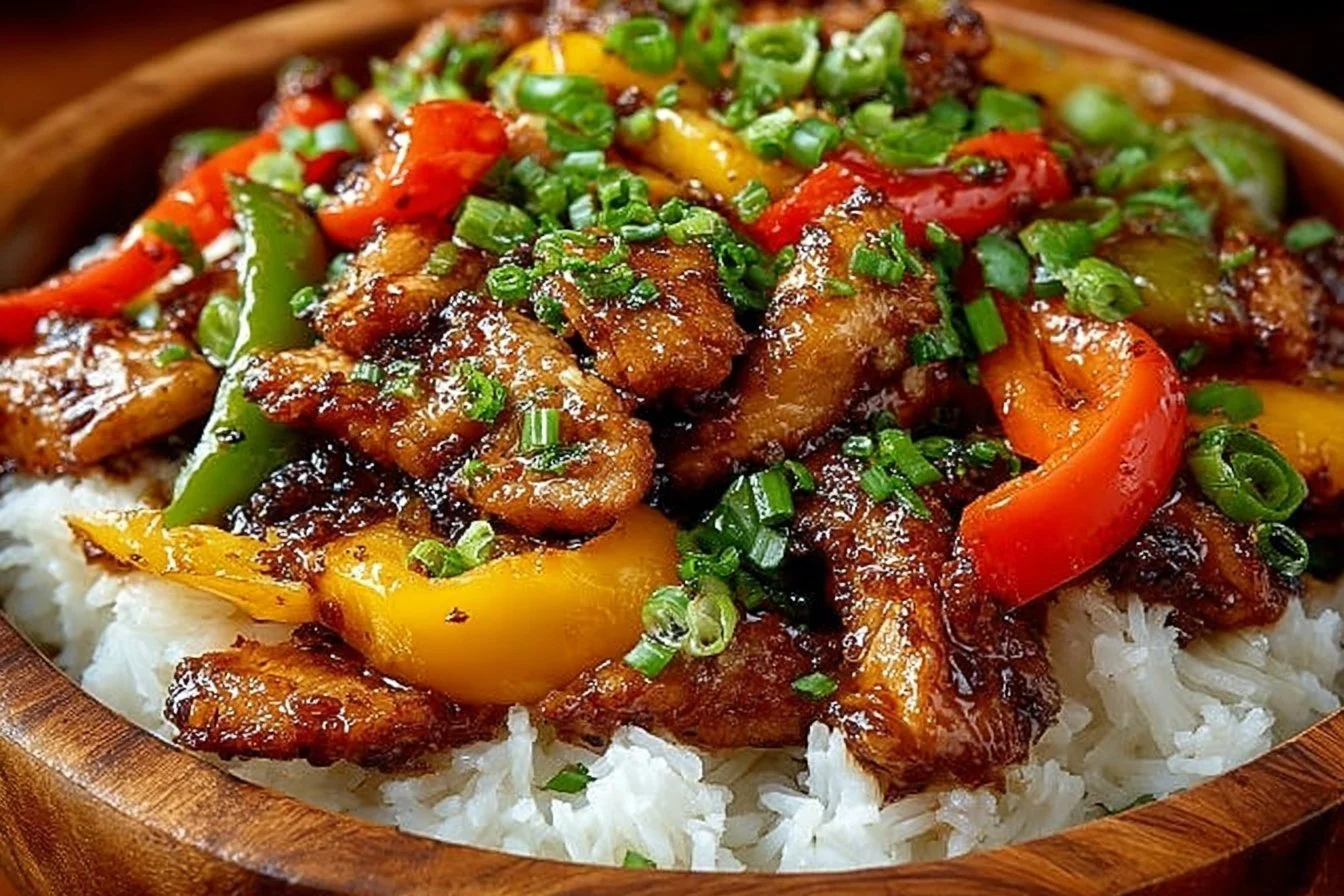 Delicious plate of orange chicken with vibrant orange sauce and garnishes.