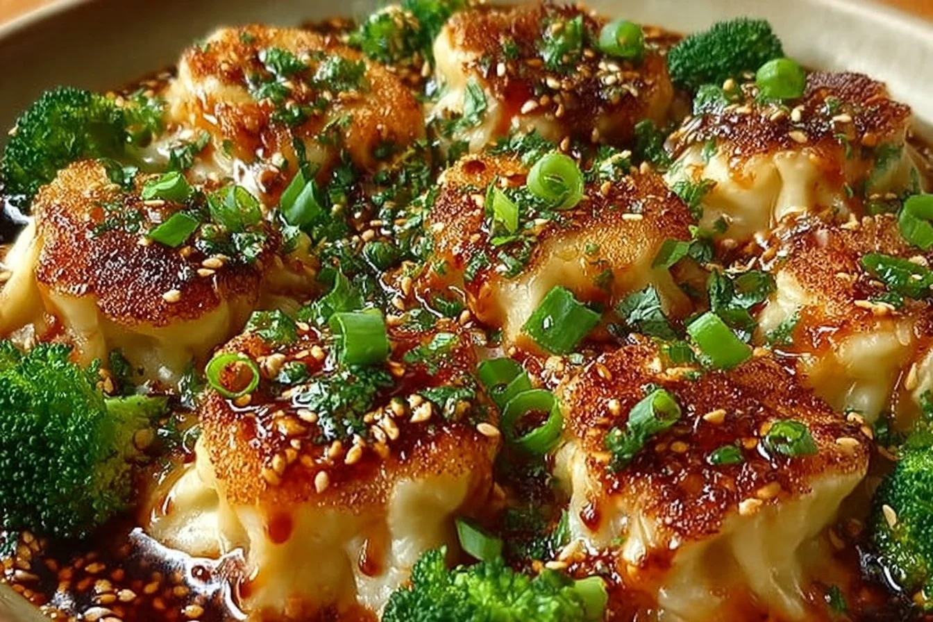 Oven-baked dumplings with peanut sauce served on a plate