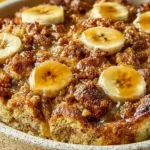Delicious Overnight Baked Banana French Toast Casserole ready to serve.