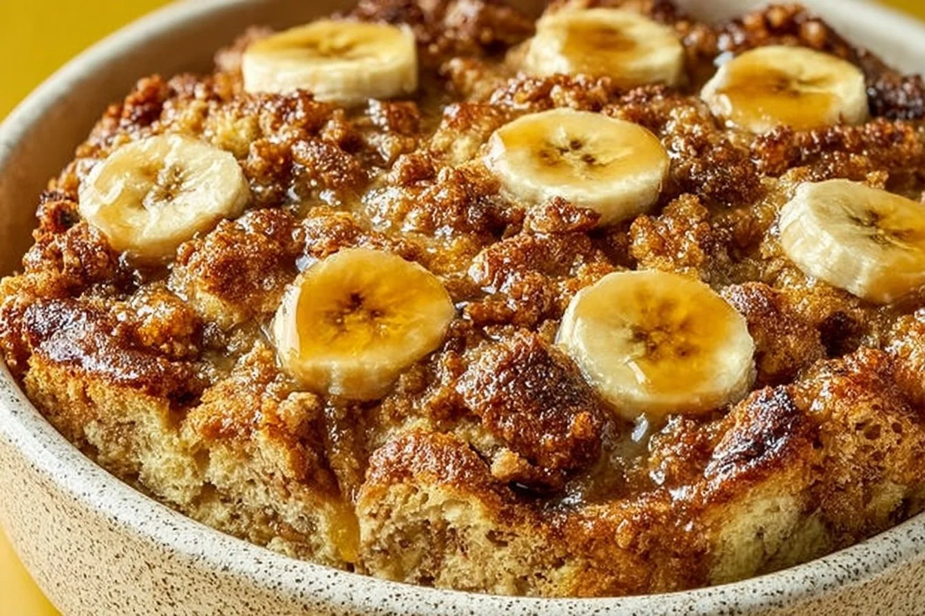 Delicious Overnight Baked Banana French Toast Casserole ready to serve.