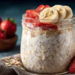 Bowl of overnight chia oats topped with fresh fruits and nuts