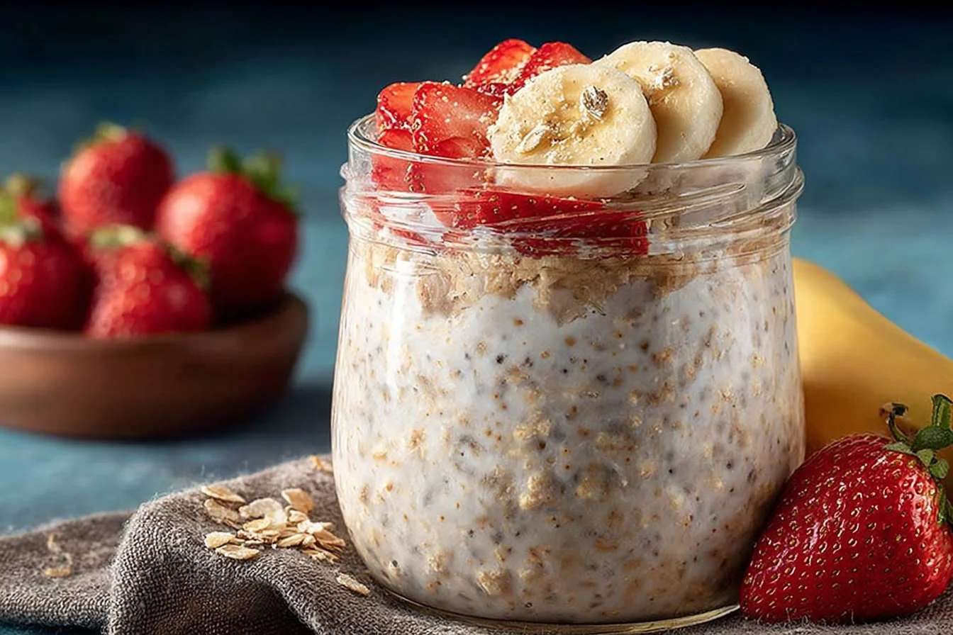 Bowl of overnight chia oats topped with fresh fruits and nuts