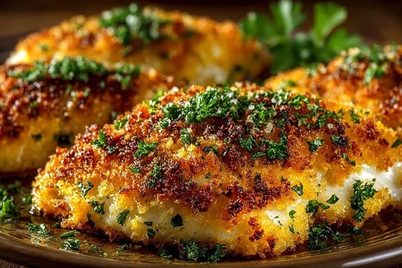 Deliciously baked Parmesan Crusted Tilapia garnished with lemon and herbs.