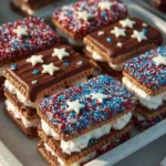 Delicious patriotic ice cream sandwiches with red, white, and blue colors.