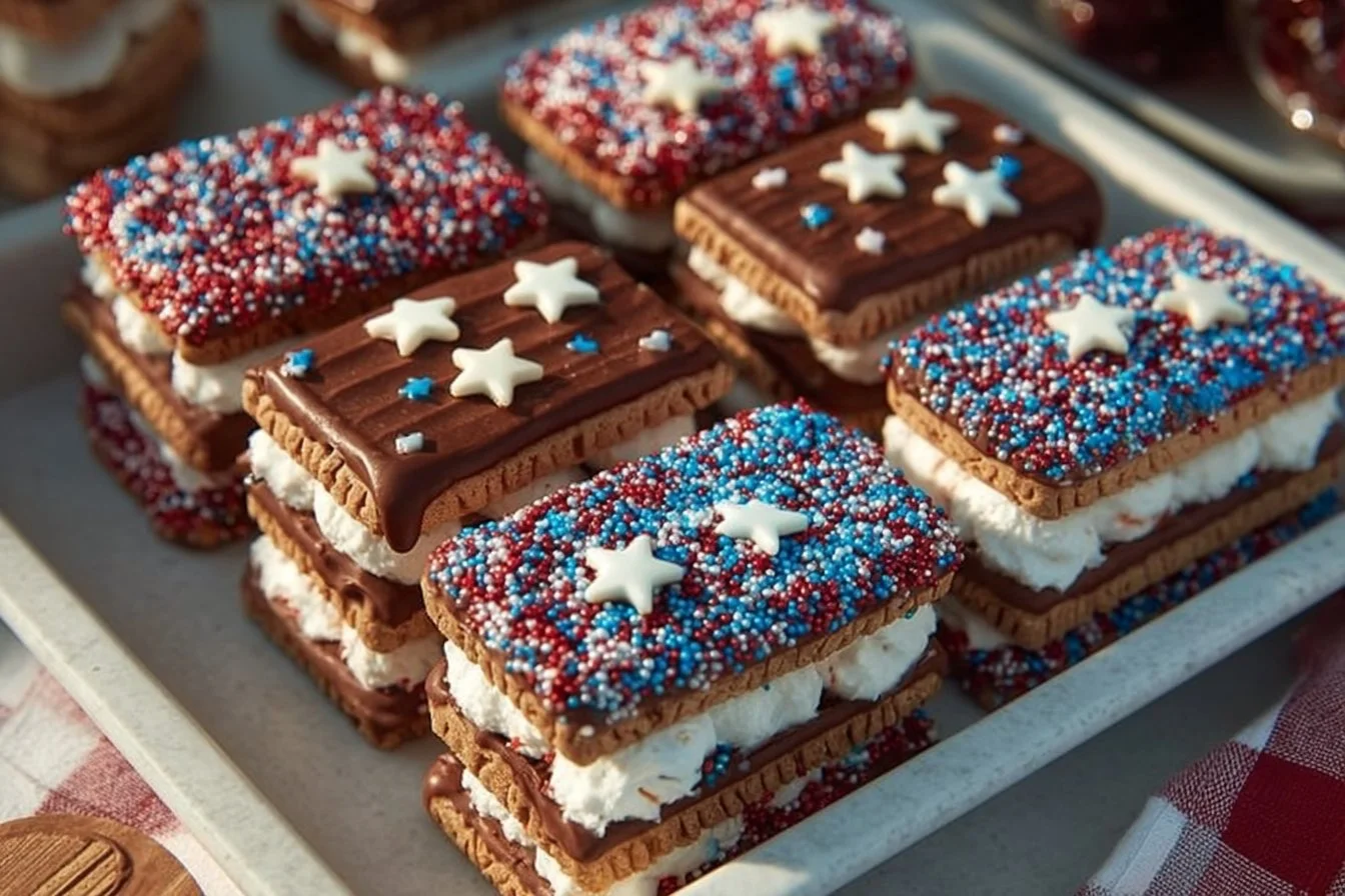 Delicious patriotic ice cream sandwiches with red, white, and blue colors.