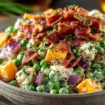Pea salad with crispy bacon and fresh ingredients served in a bowl