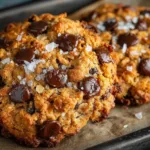 Freshly baked peanut butter oatmeal chocolate chip cookies on a plate