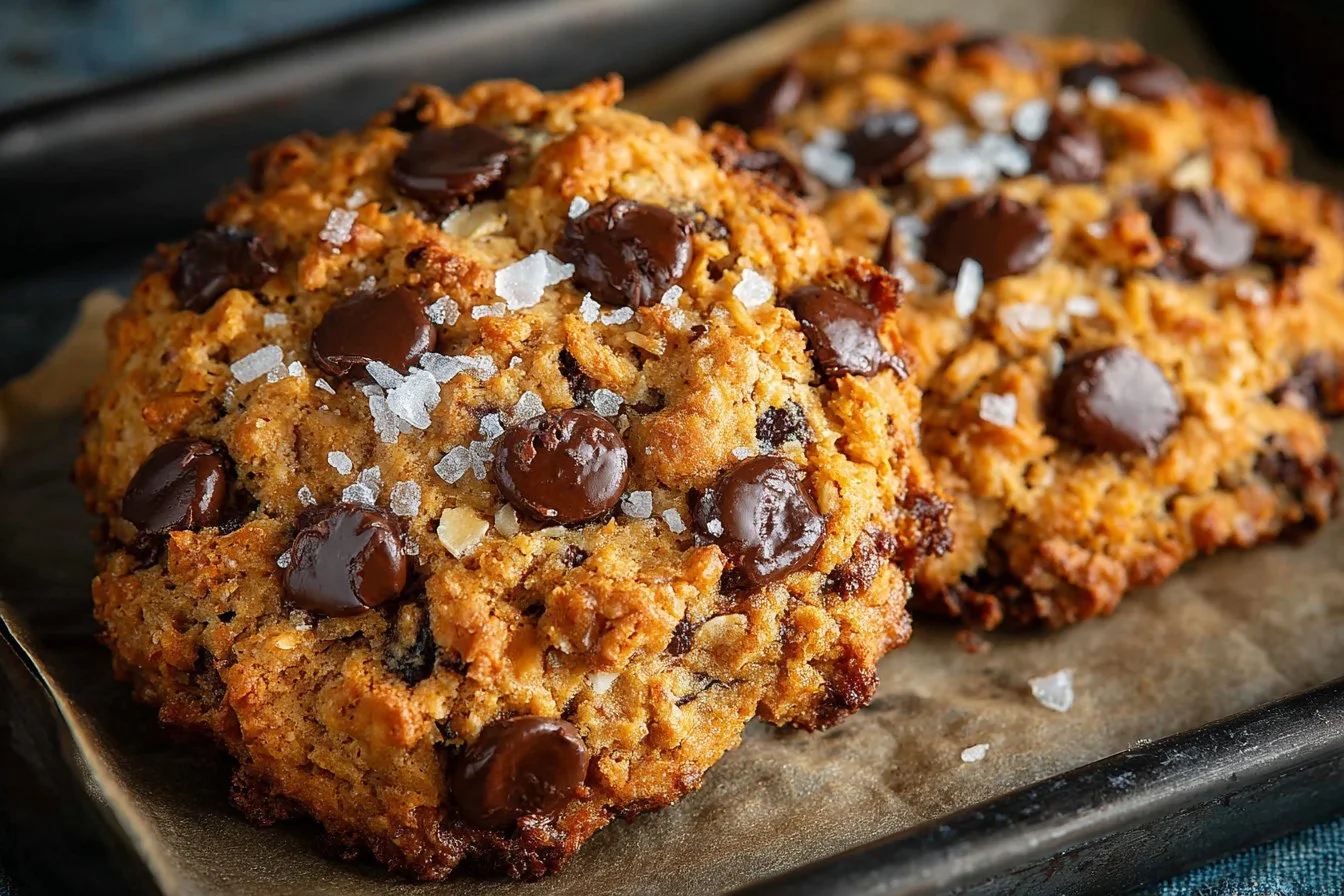Freshly baked peanut butter oatmeal chocolate chip cookies on a plate