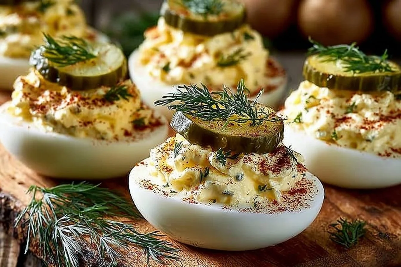 Plate of delicious Pickle Lover Deviled Eggs garnished and ready to serve