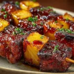 Delicious Pineapple BBQ Pork Skewers grilled to perfection on a barbecue.