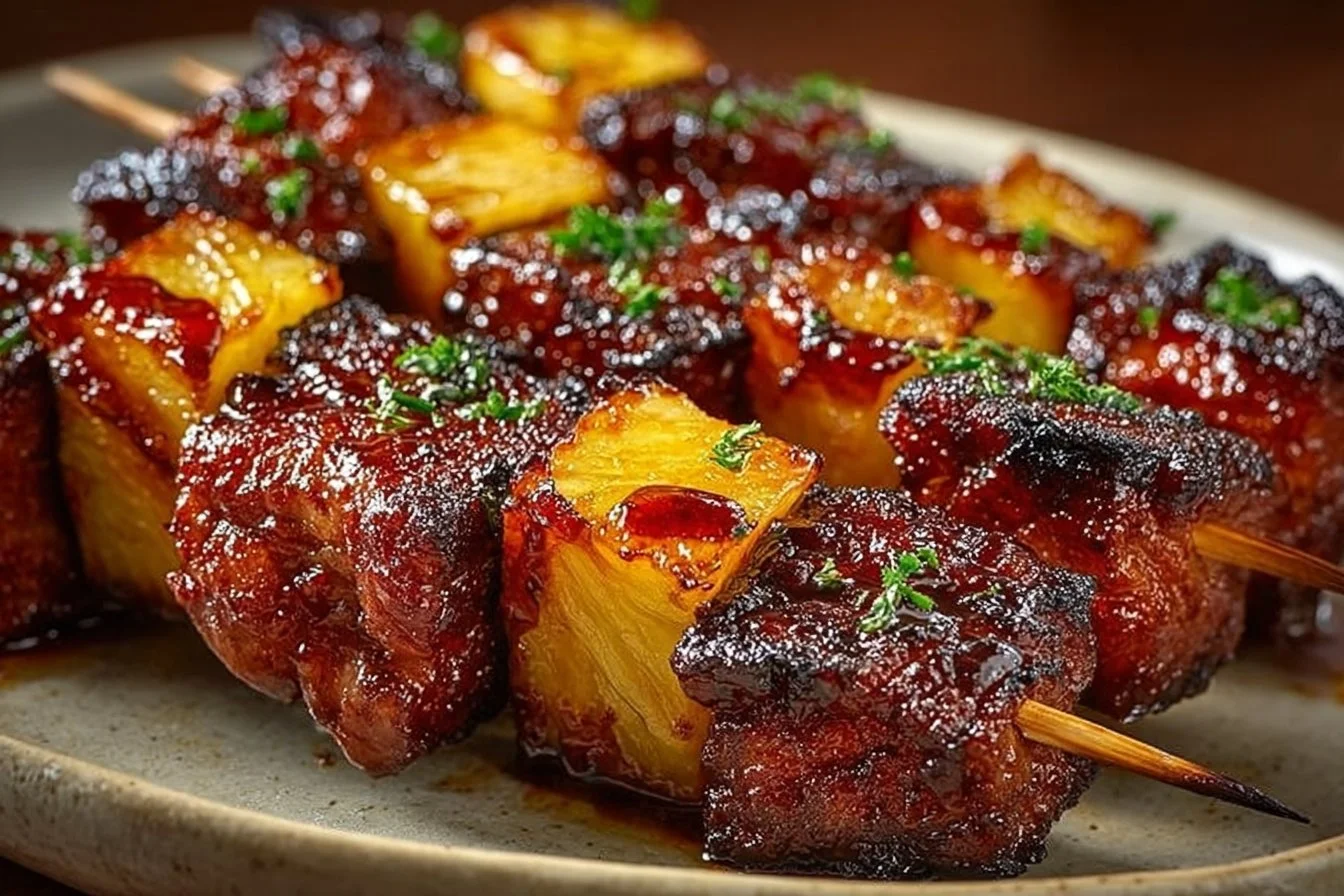 Delicious Pineapple BBQ Pork Skewers grilled to perfection on a barbecue.