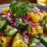 A delicious Pineapple Cucumber Salad served in a bowl with colorful toppings.