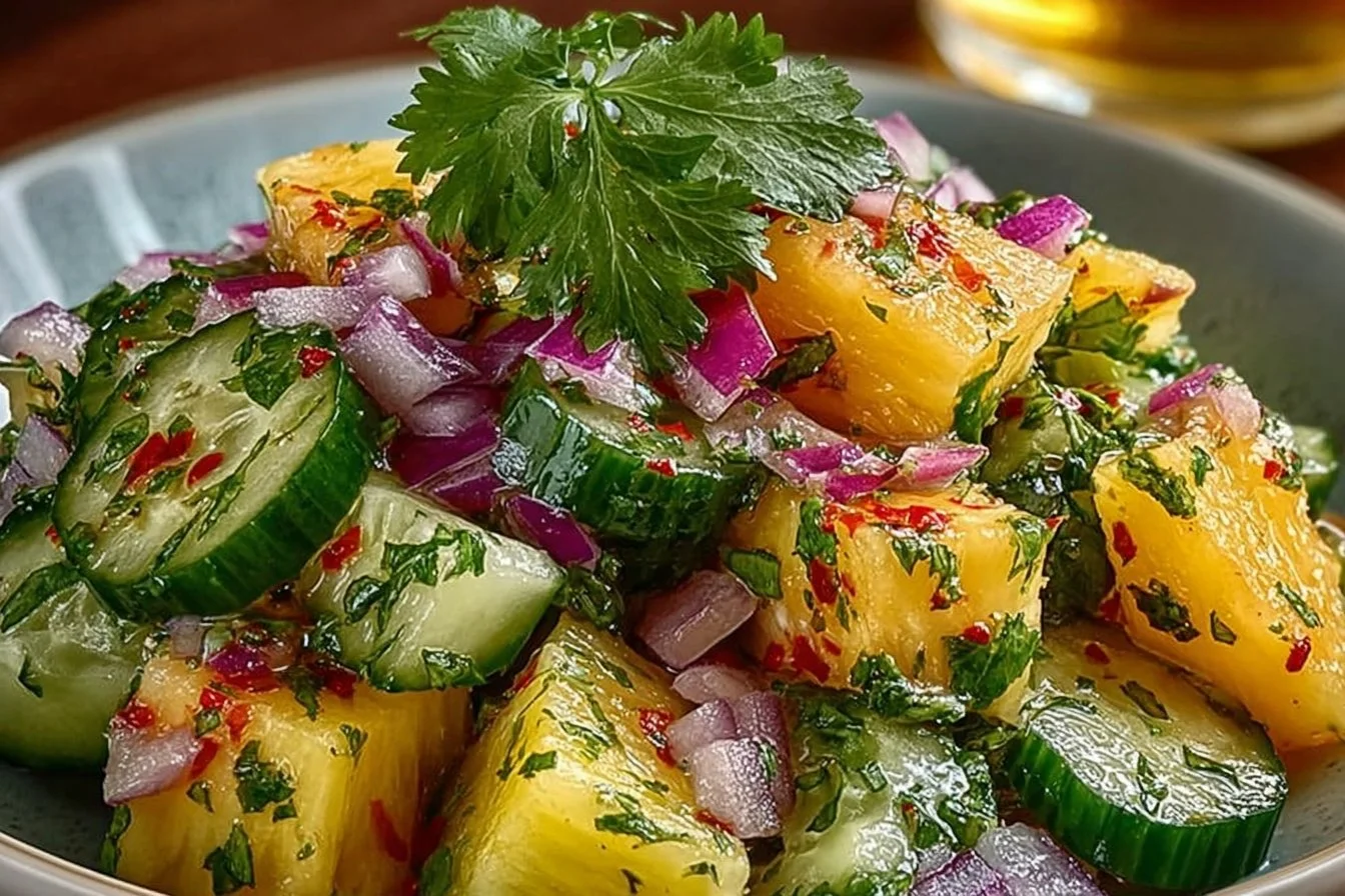 A delicious Pineapple Cucumber Salad served in a bowl with colorful toppings.
