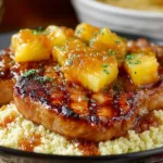 Juicy pineapple pork chops served on a plate with garnishes