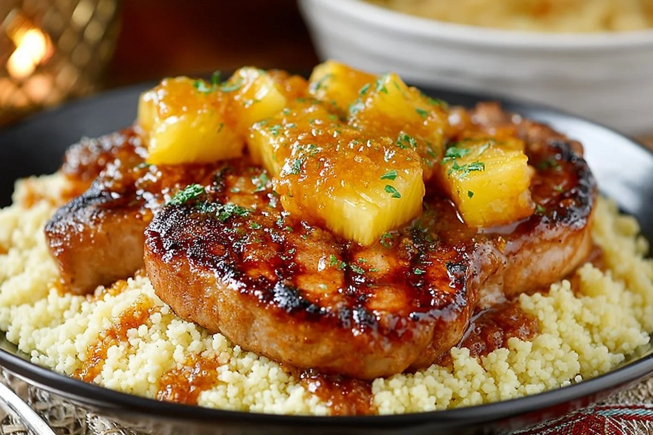 Juicy pineapple pork chops served on a plate with garnishes