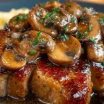 Delicious pork chops with creamy mushroom sauce served on a plate.