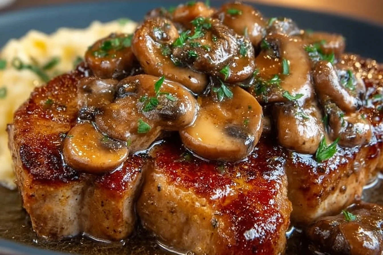 Delicious pork chops with creamy mushroom sauce served on a plate.