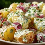 Delicious homemade potato salad garnished with fresh herbs