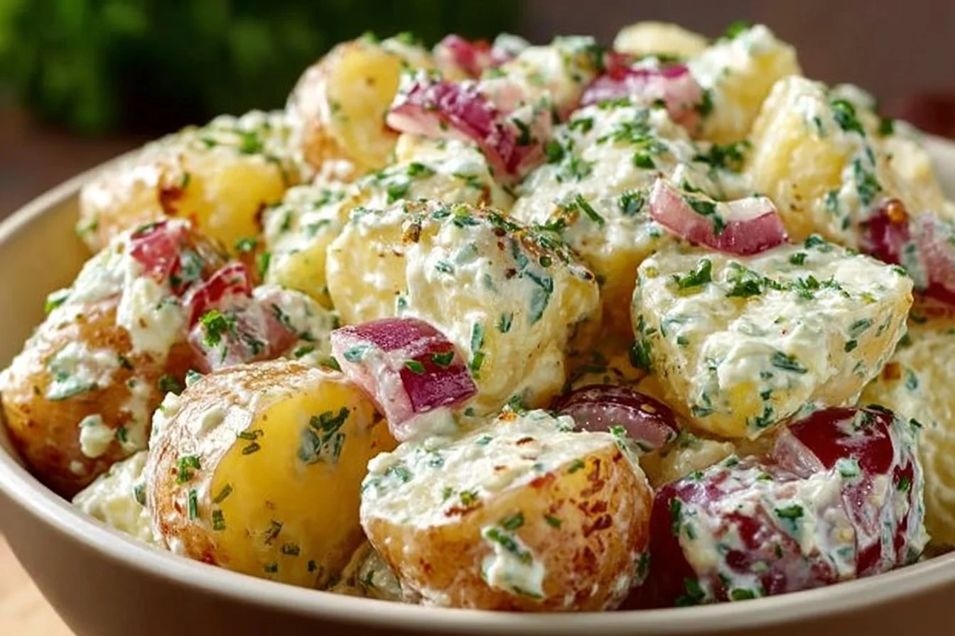 Delicious homemade potato salad garnished with fresh herbs