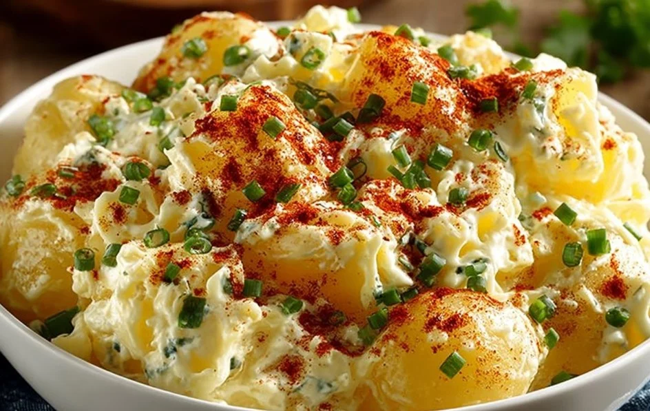 Delicious potato salad in a bowl, garnished for a picnic.