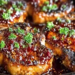 Raspberry balsamic glazed pork chops served on a plate with fresh herbs