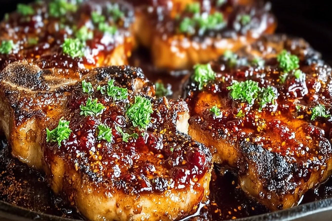 Raspberry balsamic glazed pork chops served on a plate with fresh herbs