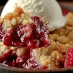 Freshly baked Raspberry Crumble dessert with a golden brown topping