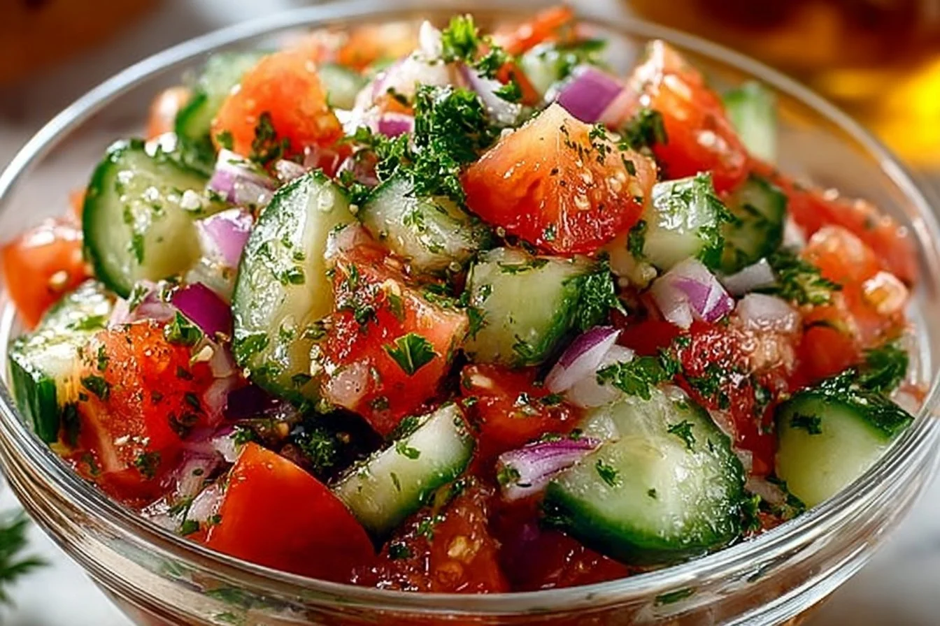 Bowl of refreshing Italian cucumber salad with fresh vegetables and herbs