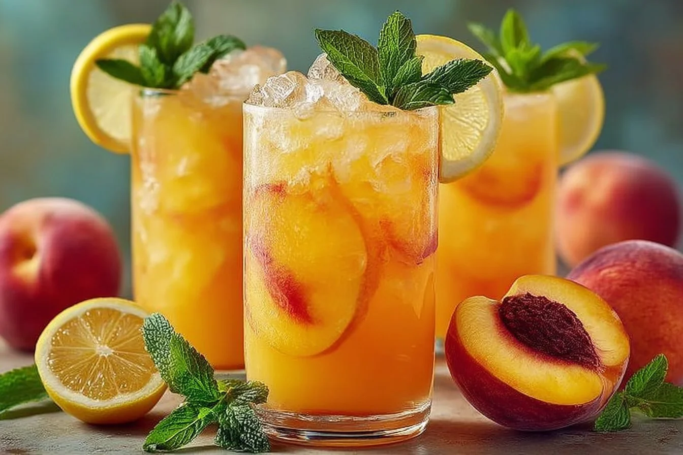 A glass of refreshing peach lemonade with slices of fresh peach and lemon