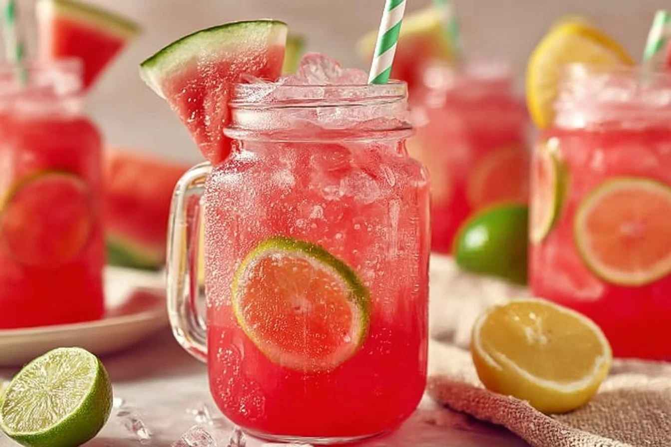 Glass of refreshing watermelon lemonade with fresh watermelon slices and lemon wedges