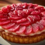 Slice of Rhubarb Custard Tart on a plate garnished with mint leaves