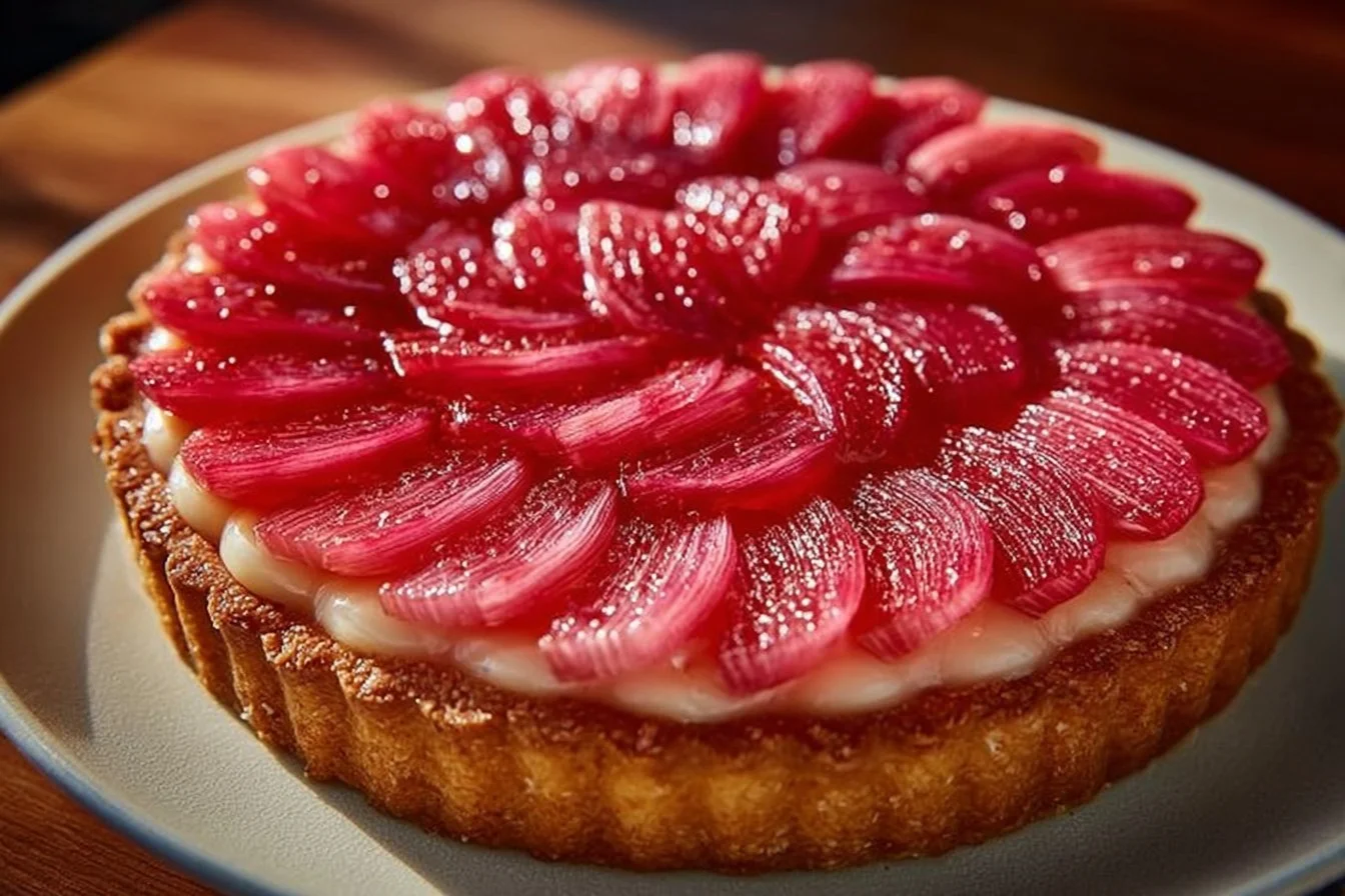 Slice of Rhubarb Custard Tart on a plate garnished with mint leaves
