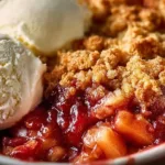 Delicious homemade rhubarb crisp dessert topped with a crunchy crumble.