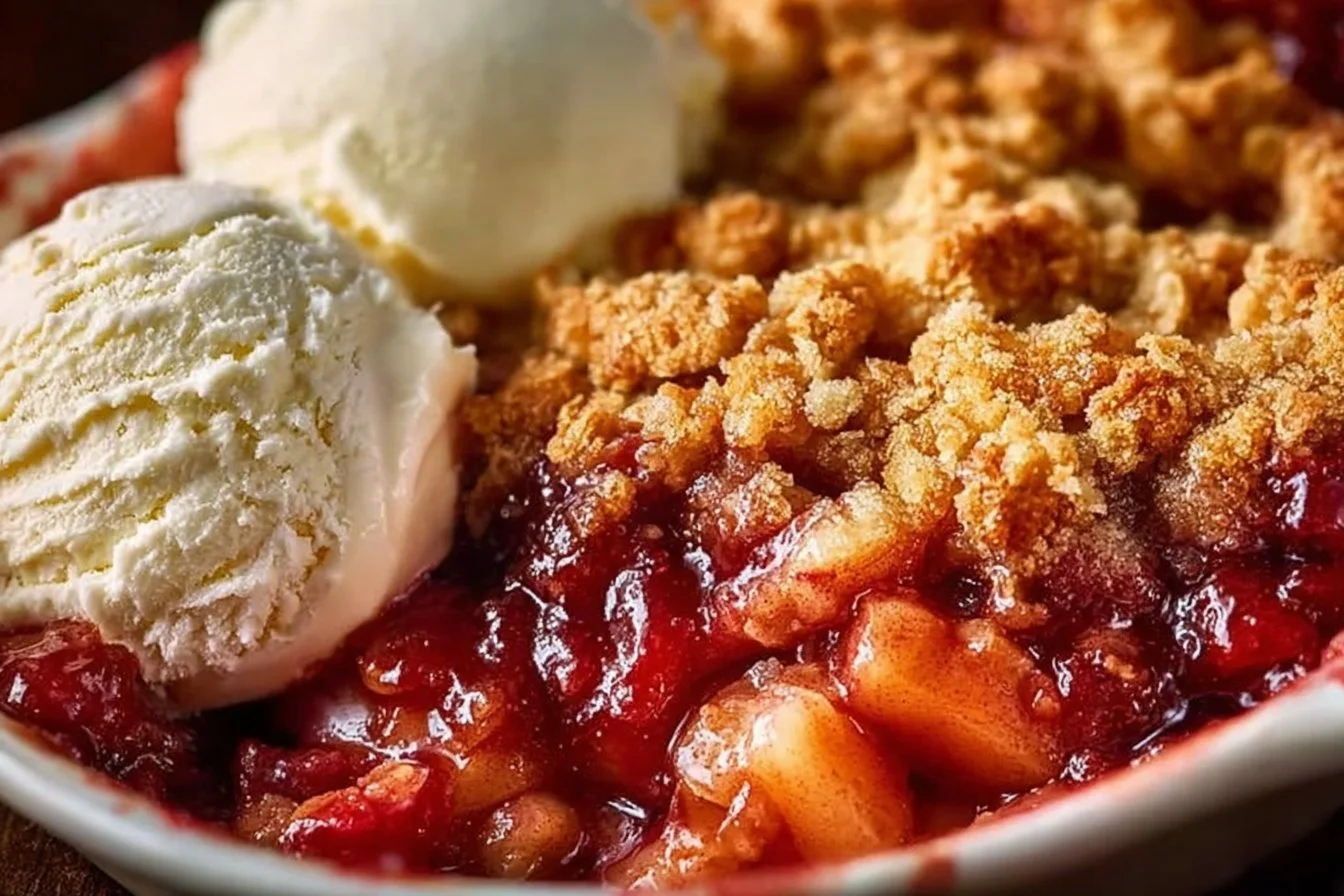 Delicious homemade rhubarb crisp dessert topped with a crunchy crumble.