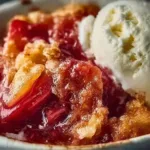 Delicious rhubarb crisp served in a bowl with a crunchy topping