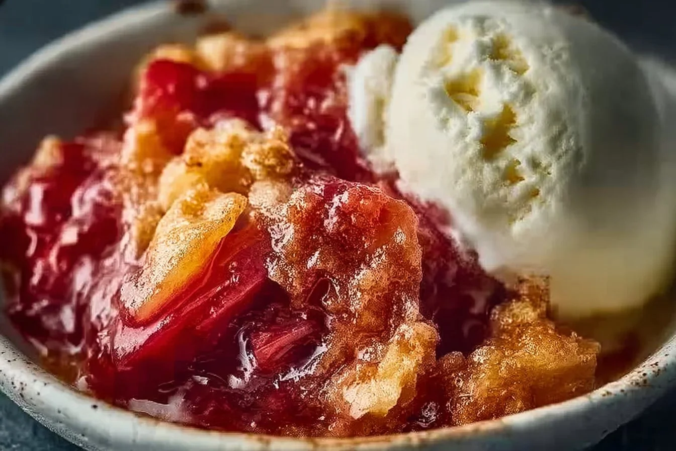Delicious rhubarb crisp served in a bowl with a crunchy topping
