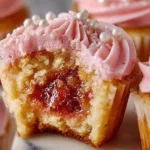 Delicious rhubarb cupcakes with creamy pink frosting on a white plate