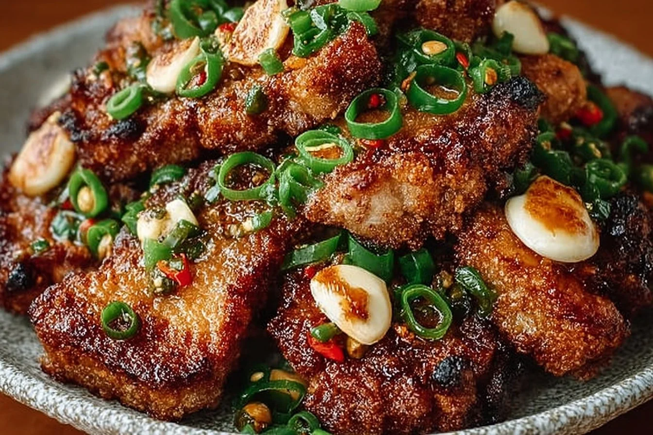 Cooked salt and pepper pork chops on a plate garnished with herbs