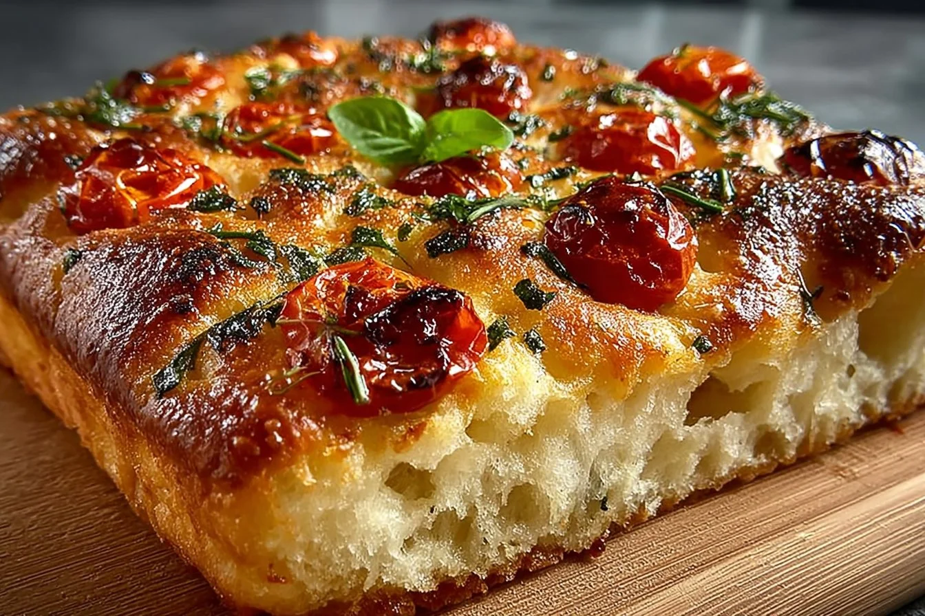 Freshly baked same day focaccia served on a wooden table