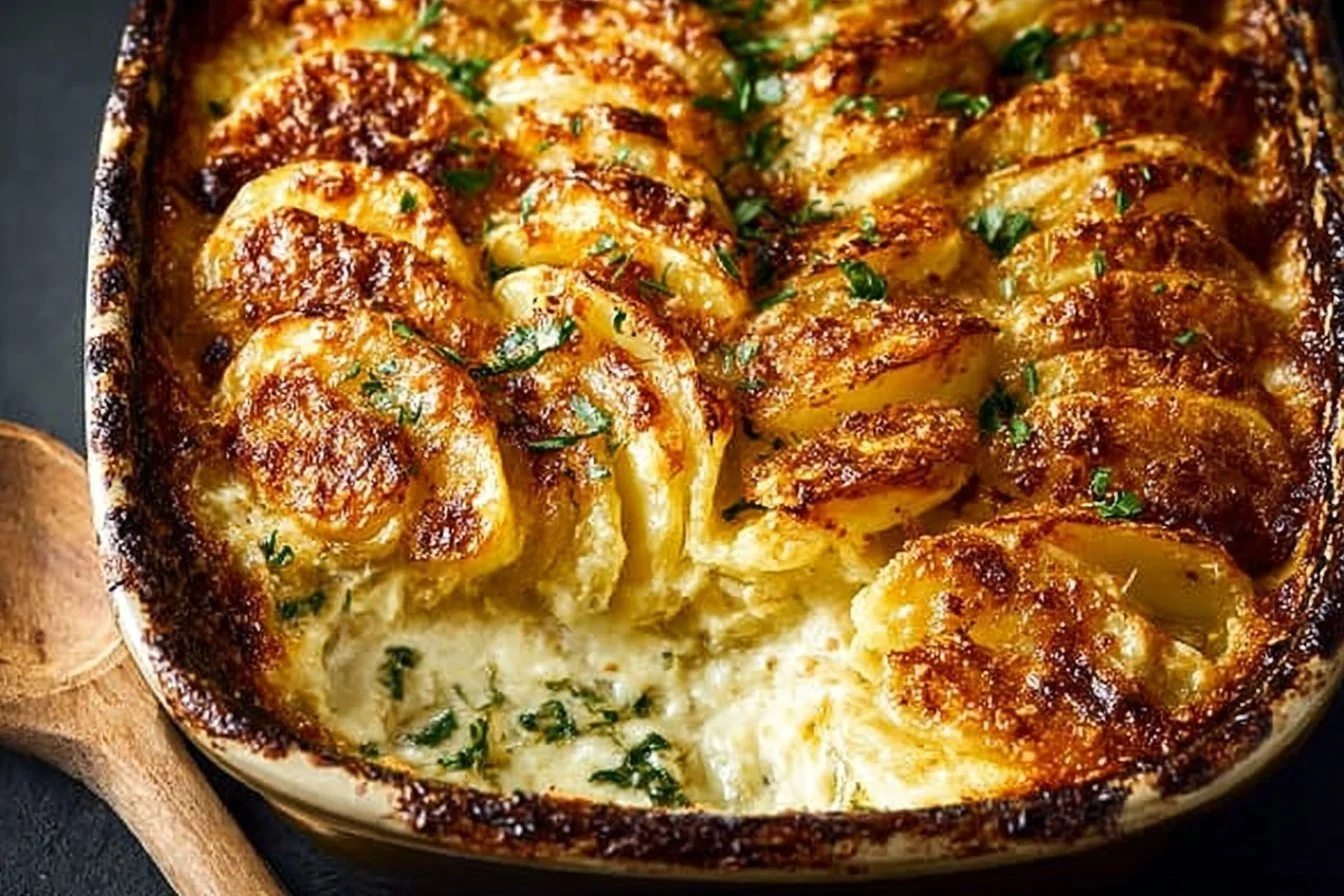 Deliciously baked scalloped potatoes with creamy layers and cheese