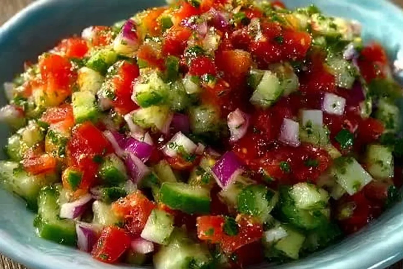 A bowl of fresh Shirazi Salad with tomatoes, cucumbers, and herbs.