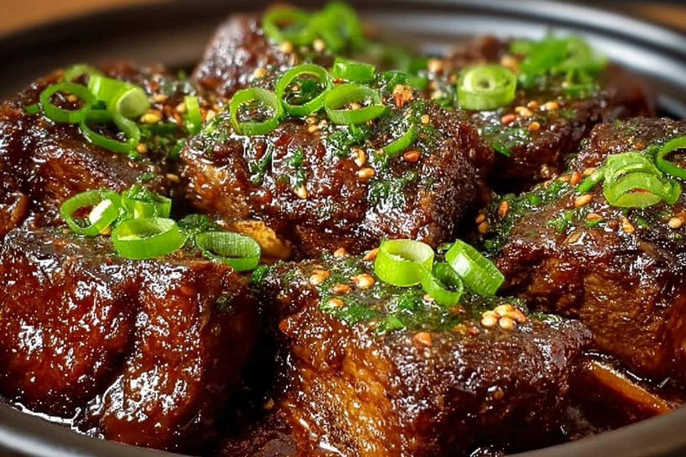 Slow Cooker Korean Short Ribs served with rice and vegetables