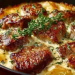 Smothered pork chop served with scalloped potato casserole on a plate