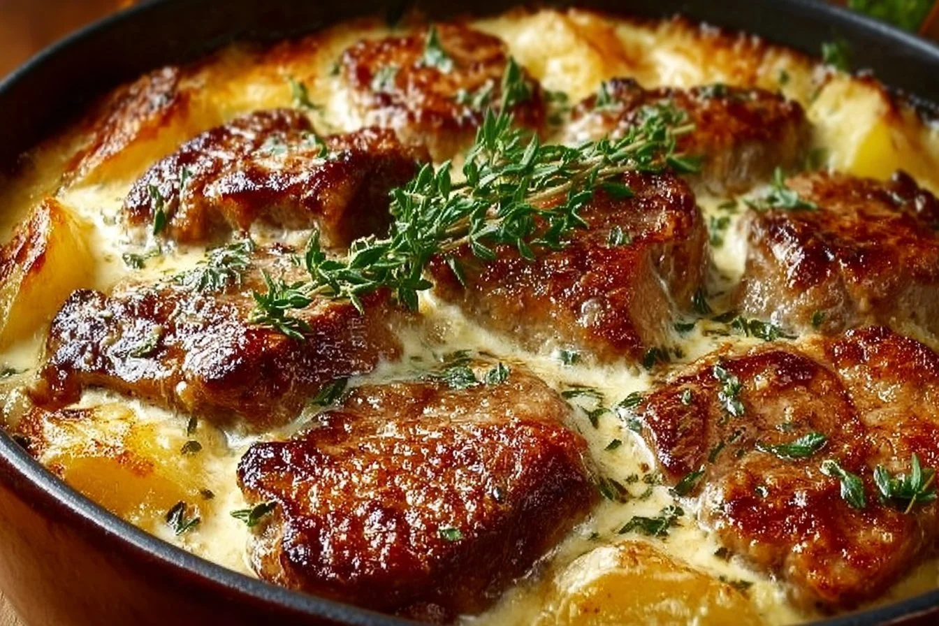 Smothered pork chop served with scalloped potato casserole on a plate