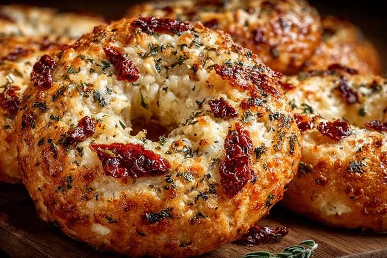 Homemade sourdough bagels with sun-dried tomatoes, herbs, and cheese