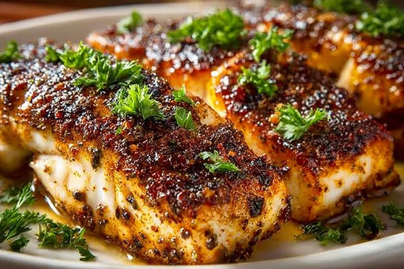 Spicy seared pork chops served with garnish on a plate