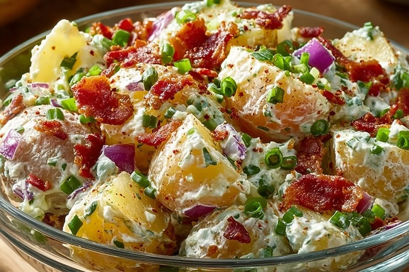 Delicious steakhouse potato salad served in a bowl with fresh herbs