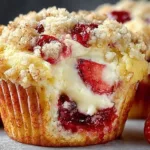 Freshly baked Strawberry Cream Cheese Muffins with a creamy filling