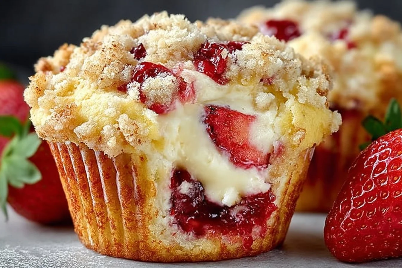 Freshly baked Strawberry Cream Cheese Muffins with a creamy filling