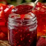 Jar of homemade strawberry rhubarb jam on a wooden table with fresh strawberries and rhubarb